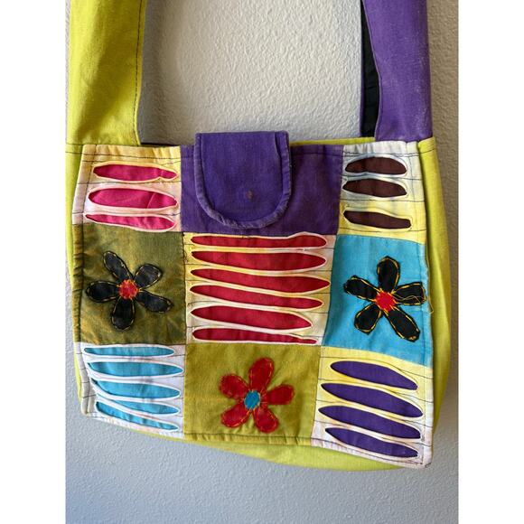 Patchwork Floral Boho Slouch Bag Purple Green Colorful Hippy - Picture 3 of 8